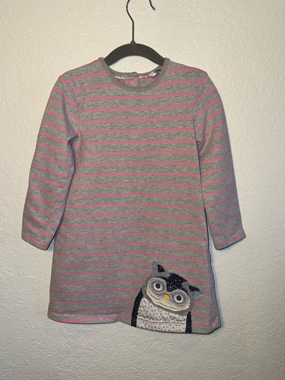 Baby Boden Pink Striped Long Sleeve Cotton Dress with Owl Appliqué Size 3-4Y